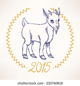 greeting New year card with the symbol of 2015 - cute goat