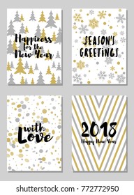 Greeting New Year cards vector templates set. Holiday postcards, banners graphic design collection with snow flakes.