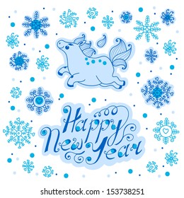 Greeting the New Year with a cute horse. Vector illustration.