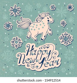 Greeting the New Year with a cute horse. Vector illustration.