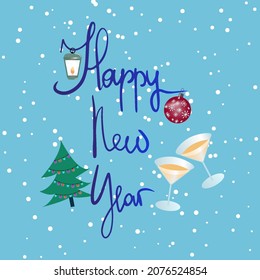 
Greeting New Year design. Two glasses of champagne and toys.Snow background.Lettering illustration.Christmas tree.