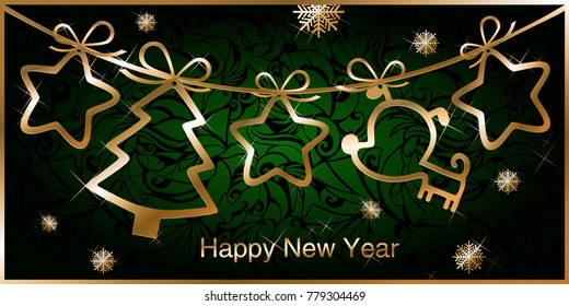 Greeting the new year with a gold garland and a gold dog pendants, Christmas tree and stars on a background of swirls green