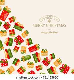 Greeting New Year poster with golden calligraphic inscription and colorful present boxes on light background vector illustration