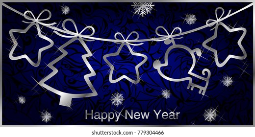 Greeting the new year with silver garland and gold pendants, dog, tree and stars on a background of frosty curls ultramarine color