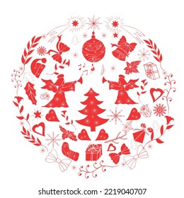 Greeting New Year's Christmas card, greeting poster, many decorative elements arranged in a circle: Christmas tree, angels, flowers, balls, hearts, bows. Red folk Scandinavian decor style. Stock