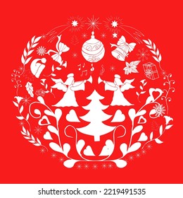 Greeting New Year's Christmas card, holiday greeting poster, many decorative elements arranged in a circle: Christmas tree, angels, flowers, balls, hearts, bows. Red folk Scandinavian decor style.