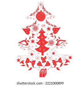 Greeting New Year's Christmas card, holiday greeting poster, many elements arranged: Christmas tree,angels, flowers, balls, hearts, bows. Red folk Scandinavian style. Stock illustration