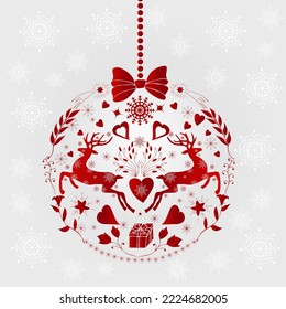 Greeting New Year's Christmas card, holiday greeting poster, many elements arranged: Christmas tree,angels, flowers, balls, hearts, bows. Red folk Scandinavian style. Stock illustration