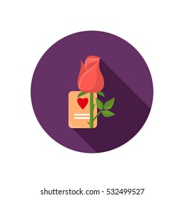 Greeting note and rose color icon. Flat design for web and mobile