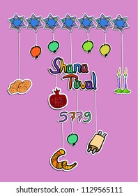 Greeting on Rosh Hashanah in paper style. Sticker. 5779. Shofar, pomegranate, apple, scroll, star. Doodle. Hand draw. Vector illustration.