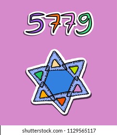 Greeting on Rosh Hashanah in paper style. Sticker. 5779. star. Doodle. Hand draw. Vector illustration.