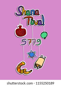 Greeting on Rosh Hashanah in paper style. Sticker. 5779. Shofar, pomegranate, apple, scroll, star Doodle Hand draw Vector illustration