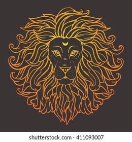 Greeting ornaments card with African Lion. Frame of animal made in vector. Tiger Illustration for design, pattern, textiles. Hand drawn print with lion. Use for children's clothes, pajamas, web sites