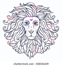 Greeting ornaments card with loin. Frame of animal made in vector. Illustration for design, pattern, textiles.  Adult coloring book