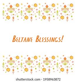 Greeting with the pagan wiccan festival Beltane. Design of banner, template or greeting card. 