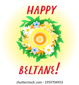 Greeting with the pagan wiccan festival Beltane. Design of banner, template or greeting card. 