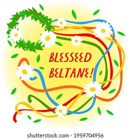 Greeting with the pagan wiccan festival Beltane. Design of banner, template or greeting card. 