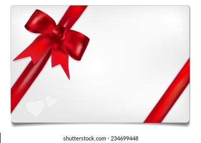 Greeting paper card with red bow and place for your text - isolated on white background. Vector illustration.