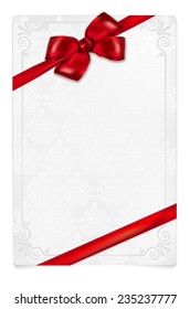 Greeting paper card with shadow, red bow, floral ornaments and place for your text - isolated on white background. Vector illustration.