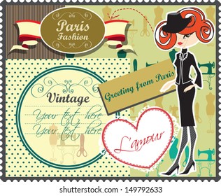 Greeting from Paris, fashion girl and set of vintage cards