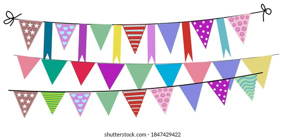Greeting or Party invitation with carnival flag garlands. Part decorating concept with colorful hanging above.Vector illustration with copy space for your text.