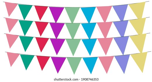 Saludo o invitación del partido con guirnaldas de bandera de carnaval. Concepto de decoración de piezas con colgante colgante encima.Ilustración vectorial con espacio de copia para el texto.