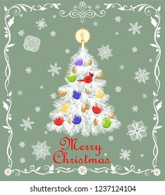 Greeting Pastel Green Card For Winter Holidays With Paper Cut Out Christmas Tree With Cone, Candle, Balls, Hanging Northern Cardinal Red Bird Toy And Paper Handmade Snowflakes