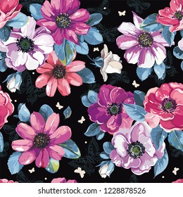 Patrón de saludos, invitación de boda y cumpleaños. Floral vintage sin fisuras con hermoso ramo de flores de anémona primaveral florecientes. Ilustración elegante para impresión o fondo