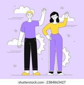 Greeting people line concept. Man and woman waving his hands. Cheerful characters greet newcomer. Gestures and facial expressions. Poster or banner. Linear flat vector illustration