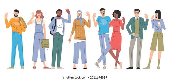 Greeting People Waving Hands. Young Men And Women Diverse Characters Flat Design Vector Set.