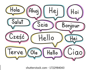 Greeting phrases in different languages. Handwritten lettering illustration. Black vector text in neon speech bubbles. Simple outline style