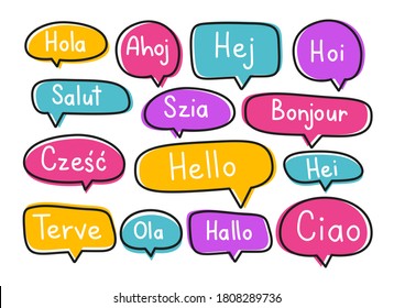 Greeting phrases in different languages. Handwritten lettering illustration. Black vector text in neon speech bubbles. 