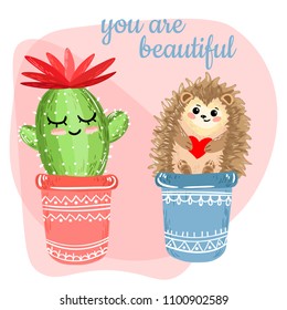 Greeting pink card on a white background. A cactus with a flower in a pot, a hedgehog with a red heart in a pot.