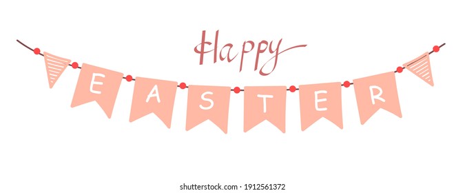 Saludando a la guirnalda rosa con el texto Pascua. Ilustración vectorial para tarjeta de saludo, banner, afiche, volante, web. Concepto de vacaciones