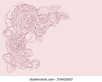 Greeting pink horizontal card with linear peony flowers