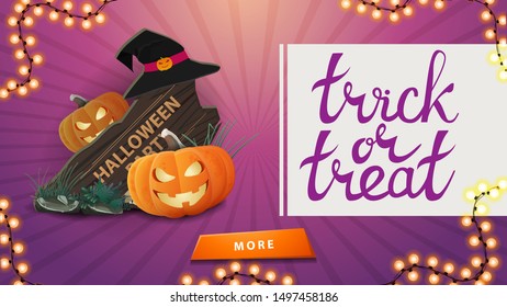 Greeting pink postcard, trick or treat, card with wooden sign, witch hat and pumpkin Jack
