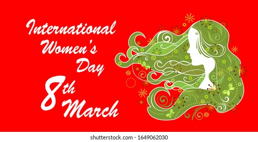 Greeting placard for International Women's Day March 8th with woman green profile and abstract floral pattern on the red background