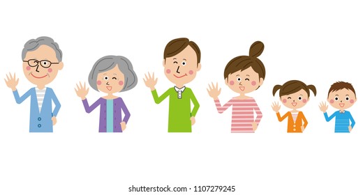 Greeting pose by all three generations of family members