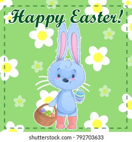 Greeting post card template Happy Easter with cute cartoon bunny holding easter eggs on a green background with chamomile. Vector illustration.