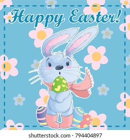 Greeting post card template Happy Easter with cute cartoon bunny holding easter eggs on a green background with chamomile. Vector illustration.