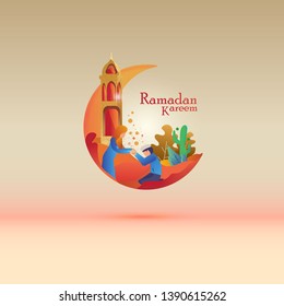 Greeting post for ramadan in gold background with moon icon and illustration