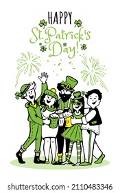 Greeting postcard banner with people_with green mugs of beer celebrating and text Happy St Patricks Day
