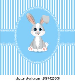  Greeting postcard with blue and white strips and little rabbit (hare). Design for boy party, gift package, baby shower and print on a different product.