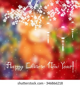 Greeting postcard with branch of sakura and sky lanterns on it to Chinese New Year on blurred colorful background. Vector illustration