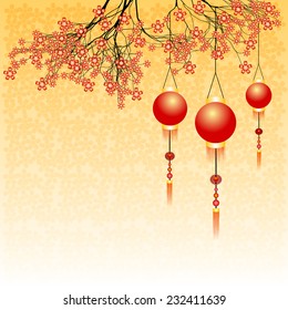 Greeting postcard to Chinese New Year. Branch of sakura with sky lanterns on yellow background. Vector illustration