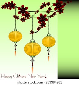 Greeting postcard to Chinese New Year. Yellow sky lanterns on sakura branch with flowers on pale green background. Vector illustration