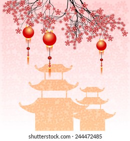 Greeting postcard to Chinese New Year. Branch of sakura with sky lanterns and pagoda on yellow background. Vector illustration
