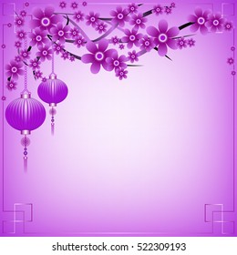 Greeting postcard to Chinese New Year. Branch of sakura with sky lanterns on violet background. Vector illustration