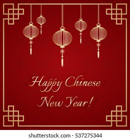 Greeting postcard to Chinese New Year. Golden ornamental frame with golden sky lanterns on deep red background with chinese ornament. Vector illustration