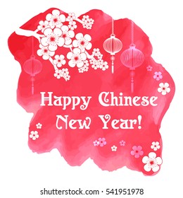 Greeting postcard to Chinese New Year. Branch of sakura with flowers and sky lanterns on scarlet background with watercolor brush stroke. Vector illustration